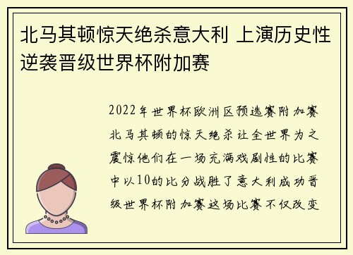 北马其顿惊天绝杀意大利 上演历史性逆袭晋级世界杯附加赛