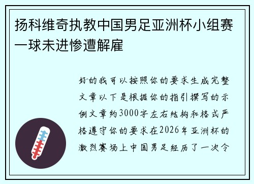 扬科维奇执教中国男足亚洲杯小组赛一球未进惨遭解雇 扬科维奇执教中国男足亚洲杯小组赛一球未进惨遭解雇